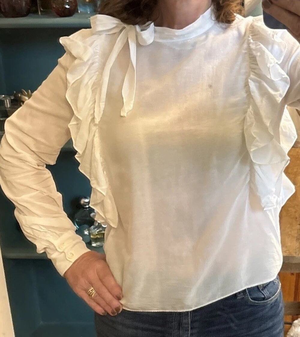 Women Doen Round Tie Now Neck Ruffle Long Sleeve Blouse Top